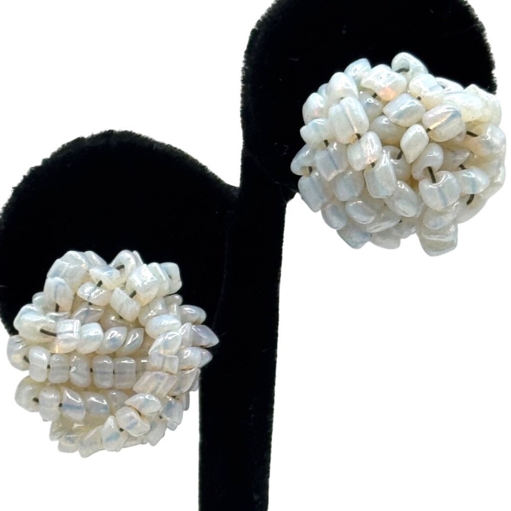 Vintage Italy Opalescent Glass Seed Bead Beaded Cluster Clip On Earrings